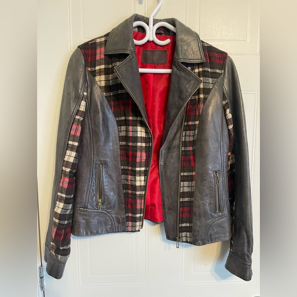 Betty Barclay Size 4 Leather & Plaid Wool Moto Jacket Mixed Media European - Picture 6 of 16